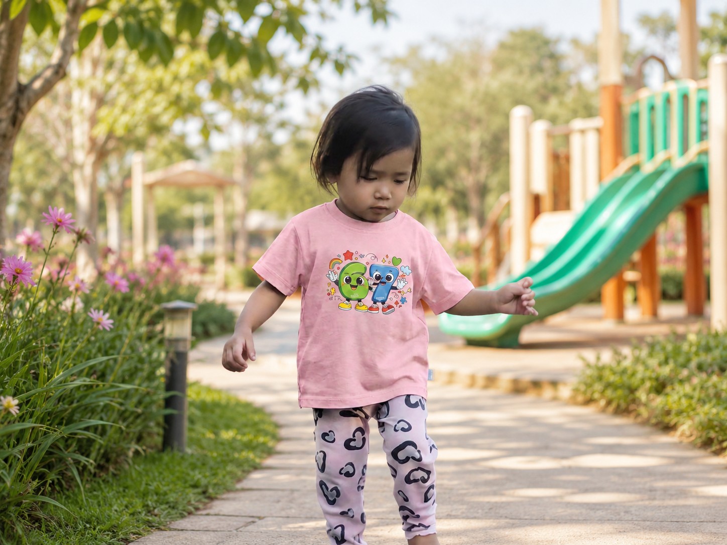 Anak memakai kaos pink saat jalan-jalan bersama keluarga