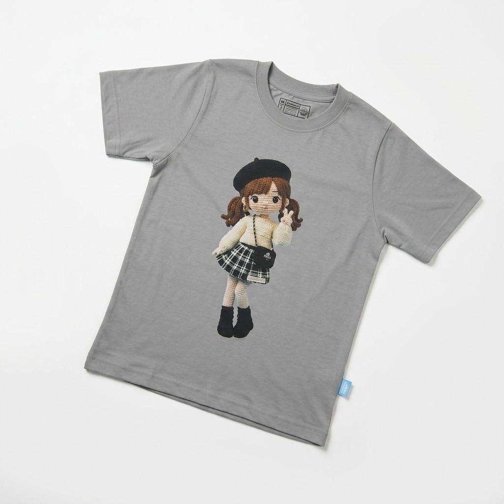 Kaos Boneka Gadis Beret - warna Abu-abu