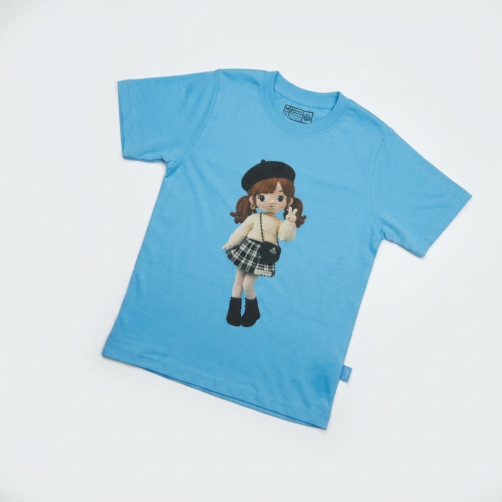 Kaos Boneka Gadis Beret - warna Biru Muda